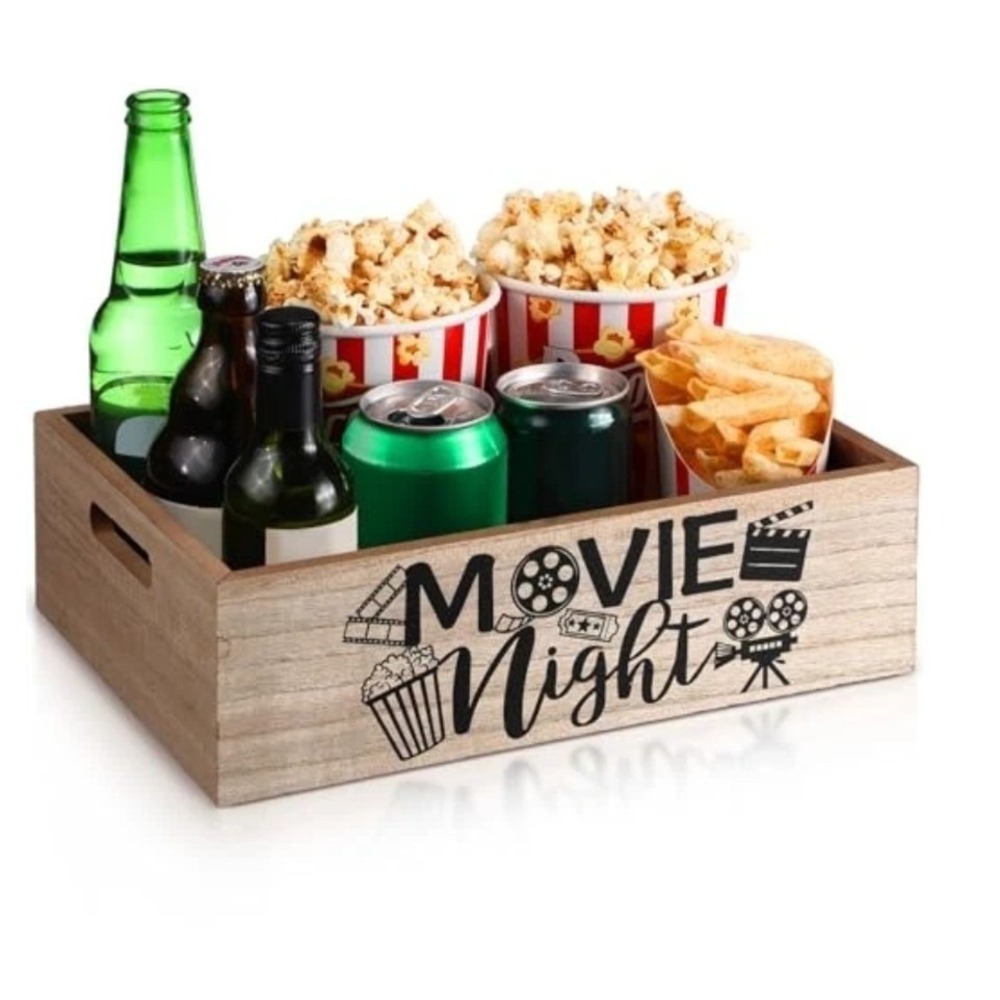 Movie Night Wooden Snack Caddy Rustic Popcorn Tray Cinema Decor 11.8x8.6x3.5in‎